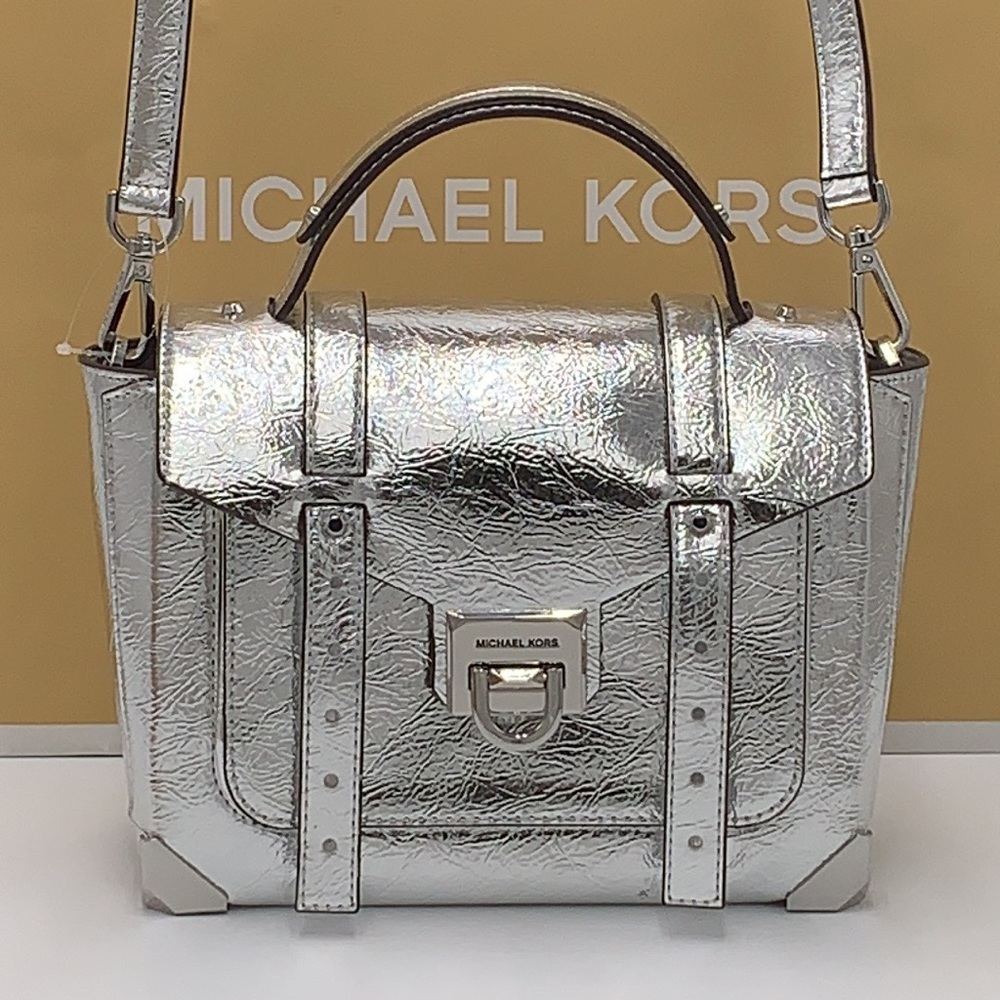 MICHAEL KORS MANHATTAN MEDIUM TOP HANDLE SCHOOL SATCHEL CROSSBODY BAG SILVER